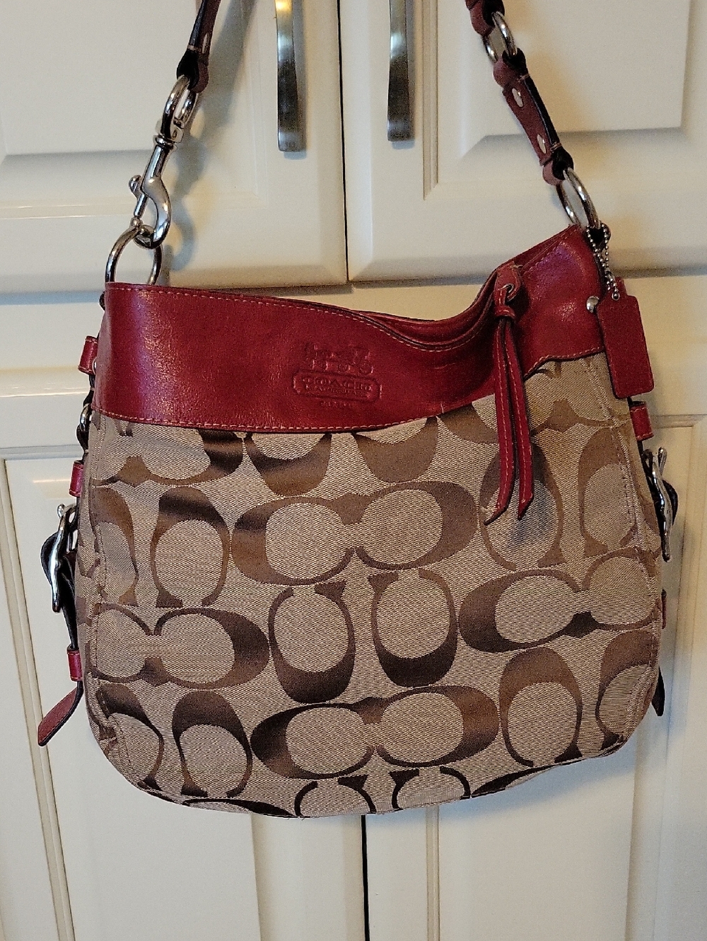 Coach Signature Canvas Shoulder Bag with Red Leather Trim